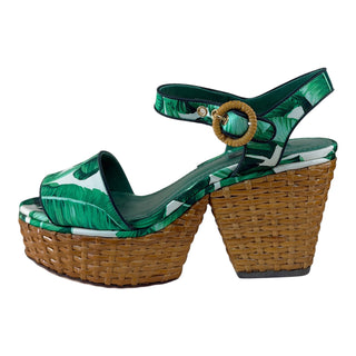 Dolce & Gabbana Green Tropical Leaf Print Platform Wedge Sandals