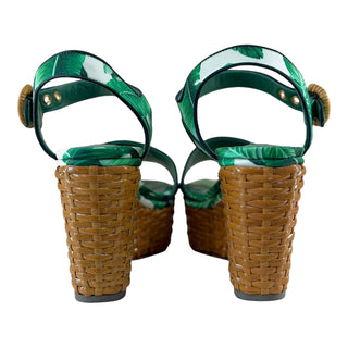 Dolce & Gabbana Green Tropical Leaf Print Platform Wedge Sandals