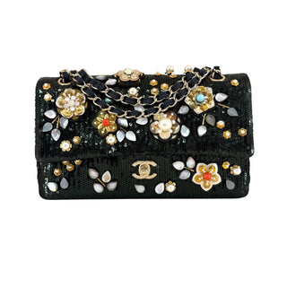 Chanel Sequin Embellished Floral Classic Flap Bag Black