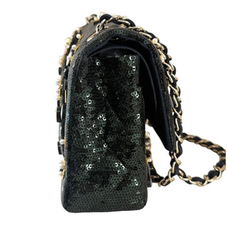 Chanel Sequin Embellished Floral Classic Flap Bag Black