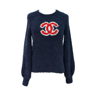 Chanel Navy CC Logo Bouclé Knit Sweater