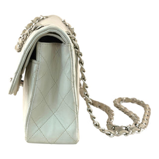Chanel Classic Medium Double Flap Light Grey Lambskin Leather Silver Hardware