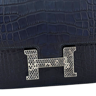 Hermès Bleu Nuit Matte Alligator and Ombre Lizard Marquette Constance 18 Palladium Hardware Bag