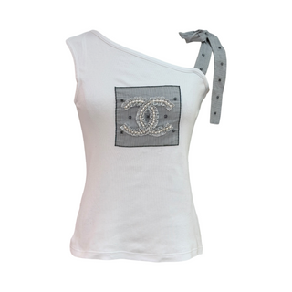Chanel White One-Shoulder CC Embellished Top