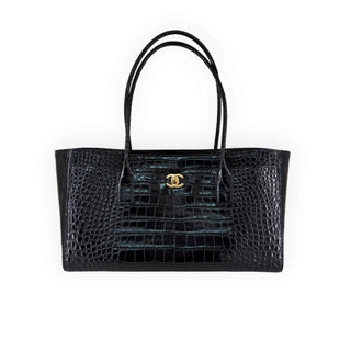 Chanel Black Crocodile Embossed Leather CC Logo Tote Bag Gold Hardware