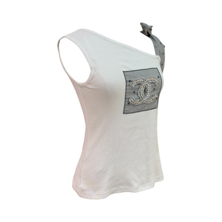 Chanel White One-Shoulder CC Embellished Top