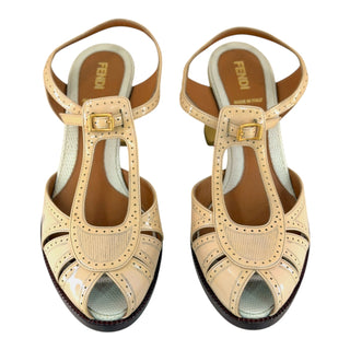 Fendi Cream Patent Leather T-Strap Brogue Sandals Low Heel Size 37.5