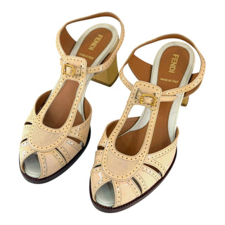 Fendi Cream Patent Leather T-Strap Brogue Sandals Low Heel Size 37.5