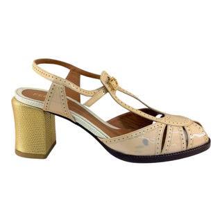 Fendi Cream Patent Leather T-Strap Brogue Sandals Low Heel Size 37.5