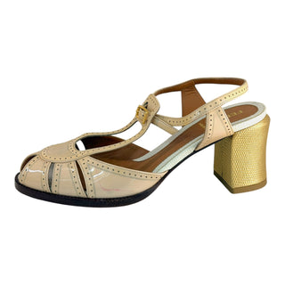 Fendi Cream Patent Leather T-Strap Brogue Sandals Low Heel Size 37.5