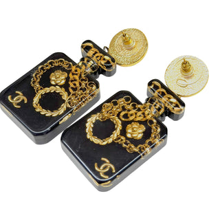 Chanel Black Resin Perfume Bottle CC Drop Earrings Gold Tone & Faux Pearl