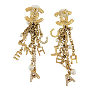 Chanel Gold Tone CC Logo CHANEL Letter Charm Tassel Drop Earrings