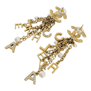 Chanel Gold Tone CC Logo CHANEL Letter Charm Tassel Drop Earrings
