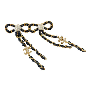 Chanel Black Leather Chain Bow Tassel CC Logo Drop Earrings