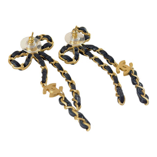 Chanel Black Leather Chain Bow Tassel CC Logo Drop Earrings