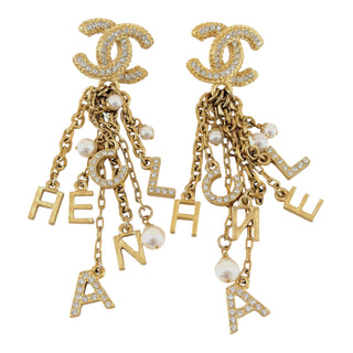 Chanel Gold Tone CC Logo CHANEL Letter Charm Tassel Drop Earrings