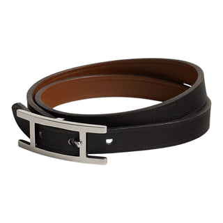 Hermès Behapi Double Tour Reversible Leather Bracelet Noir / Fauve Palladium Plated