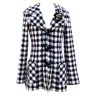 Chanel Blue & White Check Tweed Hooded Coat with Camellia Brooch