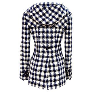 Chanel Blue & White Check Tweed Hooded Coat with Camellia Brooch