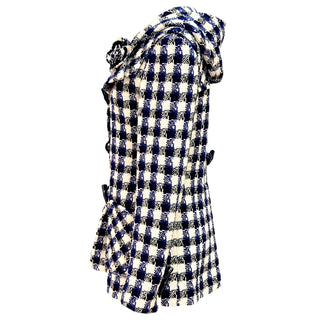 Chanel Blue & White Check Tweed Hooded Coat with Camellia Brooch