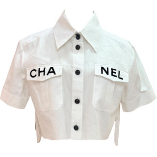 Chanel White Logo Pocket Cropped Short Sleeve Shirt
