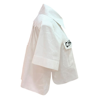 Chanel White Logo Pocket Cropped Short Sleeve Shirt