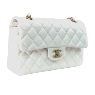 Chanel Small Classic Double Flap Bag White Caviar Leather Champagne Gold Hardware