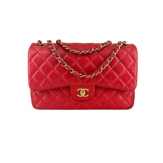 Chanel Red Quilted Caviar Leather Jumbo Classic Flap Bag Gold Hardware