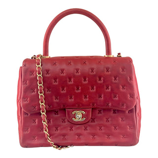 Chanel Red Embossed Lambskin Top Handle Flap Bag