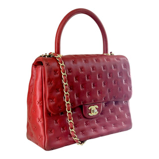 Chanel Red Embossed Lambskin Top Handle Flap Bag