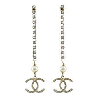 Chanel Gold Tone Crystal & Pearl CC Drop Earrings