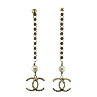 Chanel Gold Tone Crystal & Pearl CC Drop Earrings