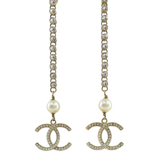 Chanel Gold Tone Crystal & Pearl CC Drop Earrings
