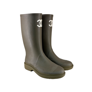 Chanel Khaki Green Rubber CC Logo Knee-High Rain Boots Size 38