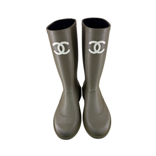 Chanel Khaki Green Rubber CC Logo Knee-High Rain Boots Size 38