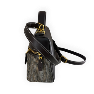 Loro Piana Black Leather and Grey Herringbone Extra Pocket Shoulder Bag with Gold Hardware