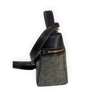 Loro Piana Black Leather and Grey Herringbone Extra Pocket Shoulder Bag with Gold Hardware
