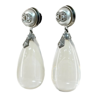 Chanel Silver Tone Crystal CC Faux Pearl Stud & Clear Teardrop Drop Earrings