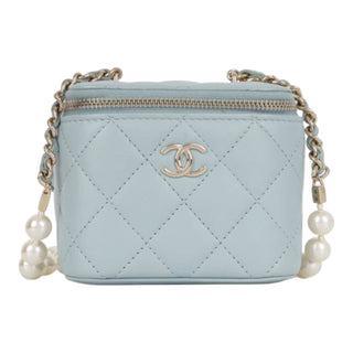 Chanel Mini Vanity Case on Pearl Chain Light Blue Quilted Lambskin Bag