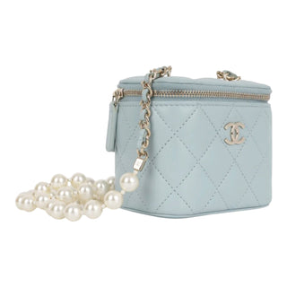 Chanel Mini Vanity Case on Pearl Chain Light Blue Quilted Lambskin Bag
