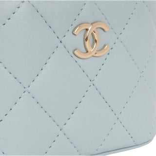 Chanel Mini Vanity Case on Pearl Chain Light Blue Quilted Lambskin Bag
