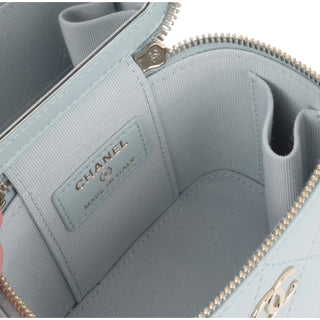 Chanel Mini Vanity Case on Pearl Chain Light Blue Quilted Lambskin Bag
