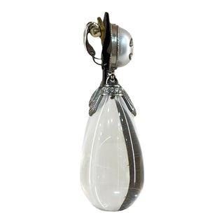 Chanel Silver Tone Crystal CC Faux Pearl Stud & Clear Teardrop Drop Earrings