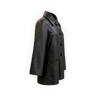 Gucci Black Lambskin Leather A-Line Coat with GG Button Size IT 40