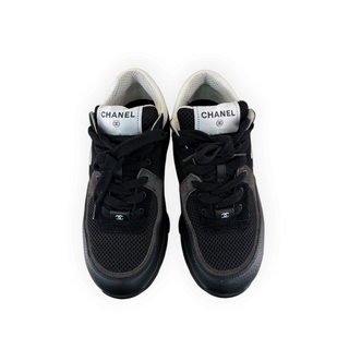 Chanel Black and White CC Logo Leather and Mesh Trainers Size 38.5