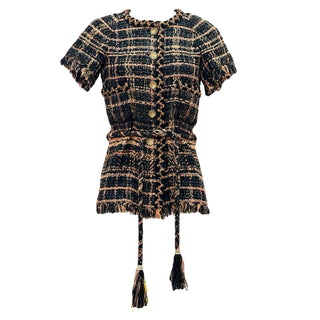 Chanel Black & Gold Tweed Short-Sleeve Belted Jacket with Fringe Trim