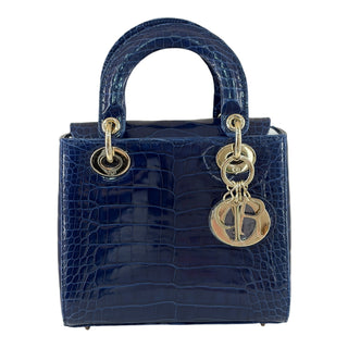 Dior Lady Dior Small Blue Crocodile Bag Gold-Tone Hardware