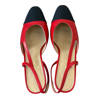 Chanel Red & Black Two-Tone Cap-Toe Slingback Pumps