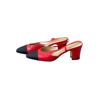 Chanel Red & Black Two-Tone Cap-Toe Slingback Pumps