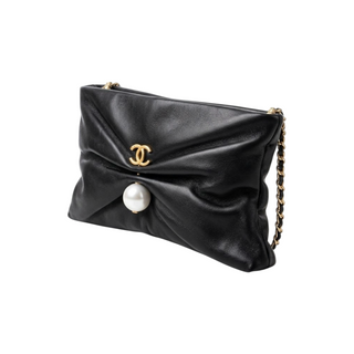 Chanel Black Leather Pearl-Embellished CC Chain Shoulder Bag